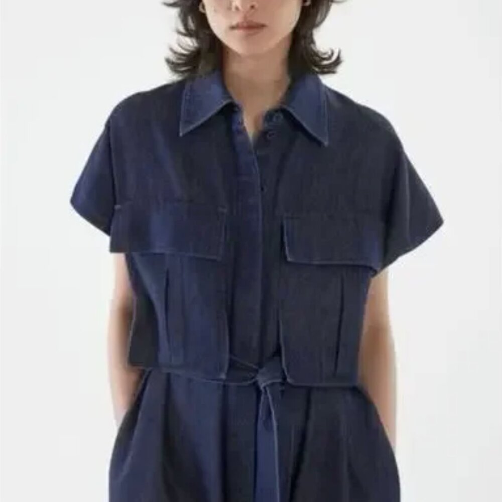 COS Denim Utility Midi Shirt Dress Indigo Blue Organic Cotton Tencel Size 12 - Picture 3 of 11